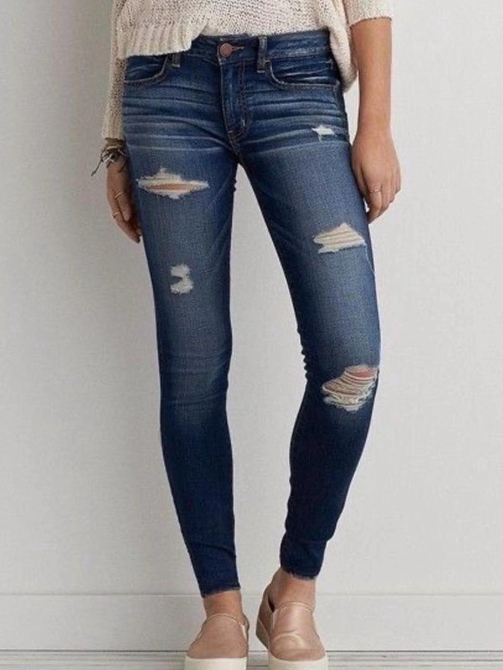 American Eagle Dark Blue Distressed Skinny Jeans Jeggings - Women 4S